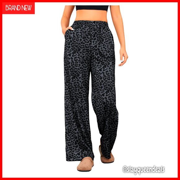 Leopard Print High Waist Wide Leg Palazzo Pants with Pockets